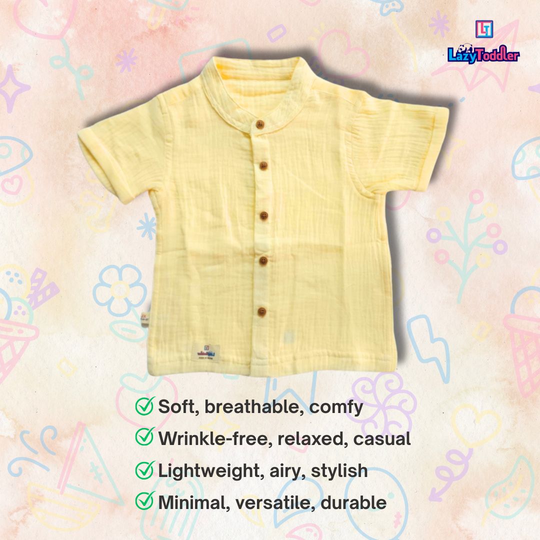 LazyToddler Crinkle Muslin Half Shirt – Soft & Breathable Cotton (Pastel Yellow)