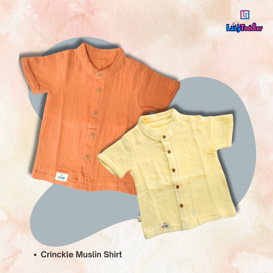 LazyToddler Crinkle Muslin Half Shirt – Soft & Breathable Cotton (Pastel Yellow)