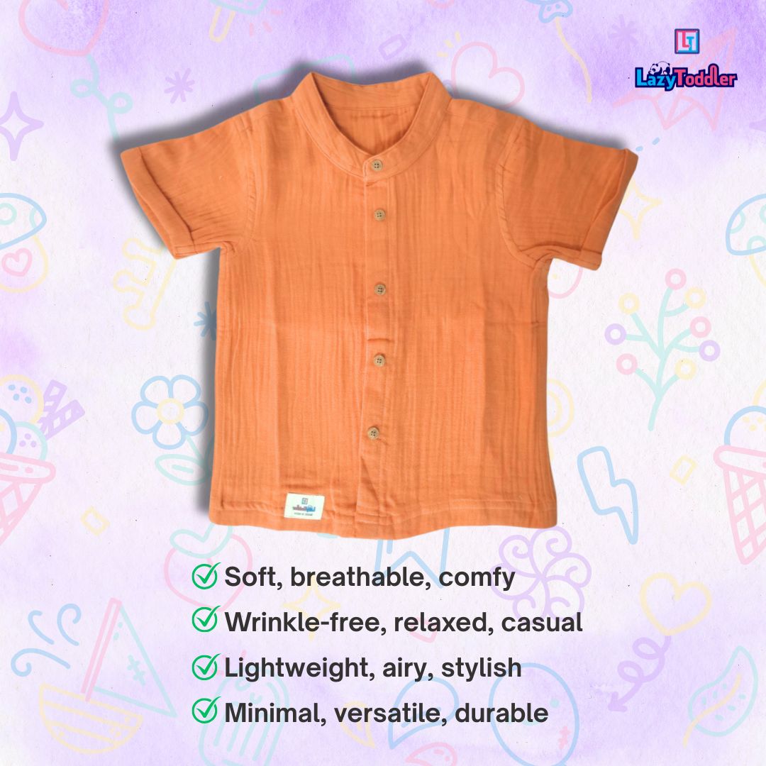 LazyToddler Crinkle Muslin Half Shirt – Soft & Breathable Cotton (Pastel Maroon)