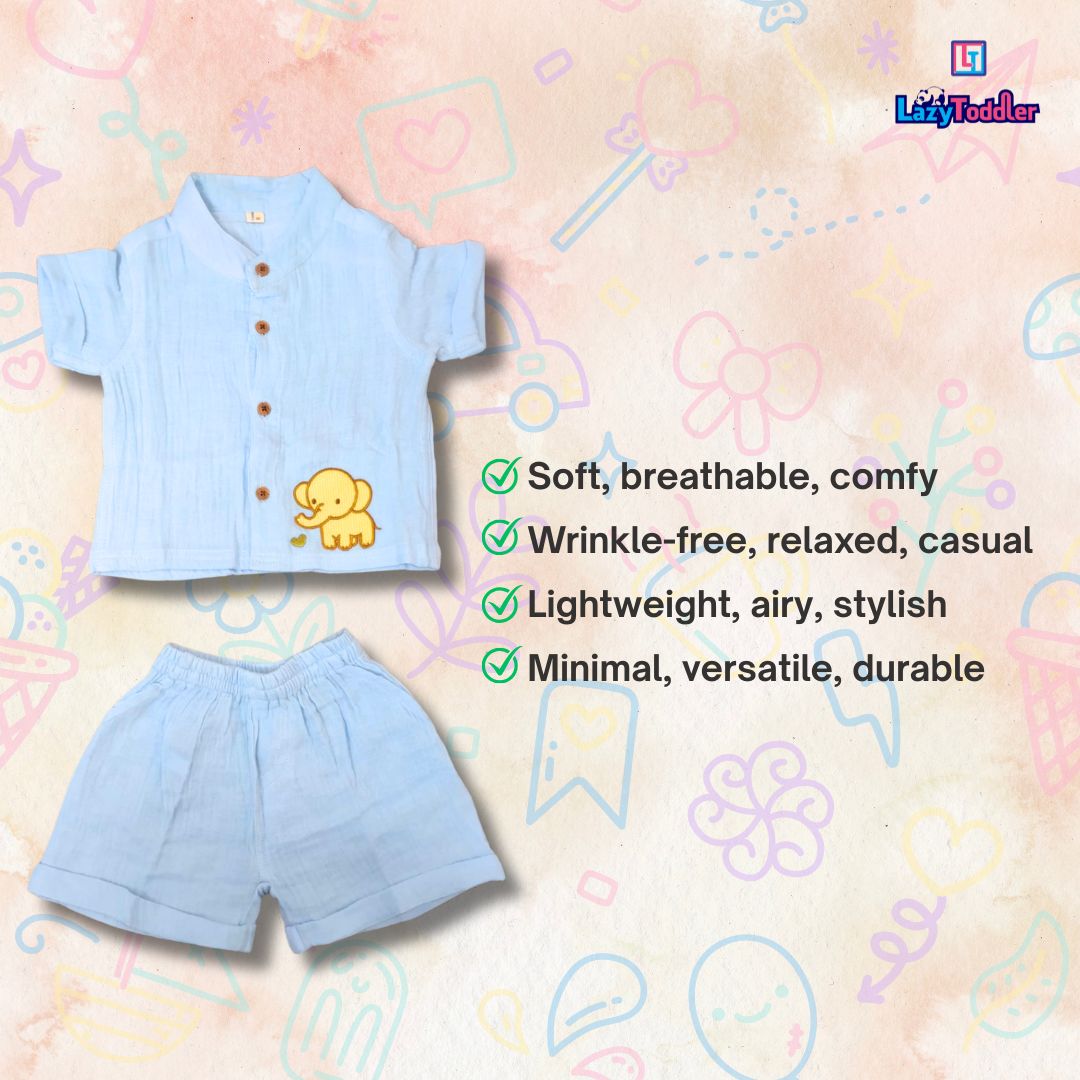 LazyToddler Crinkle Muslin Night Half Suit – Soft & Breathable (Pastel Blue)
