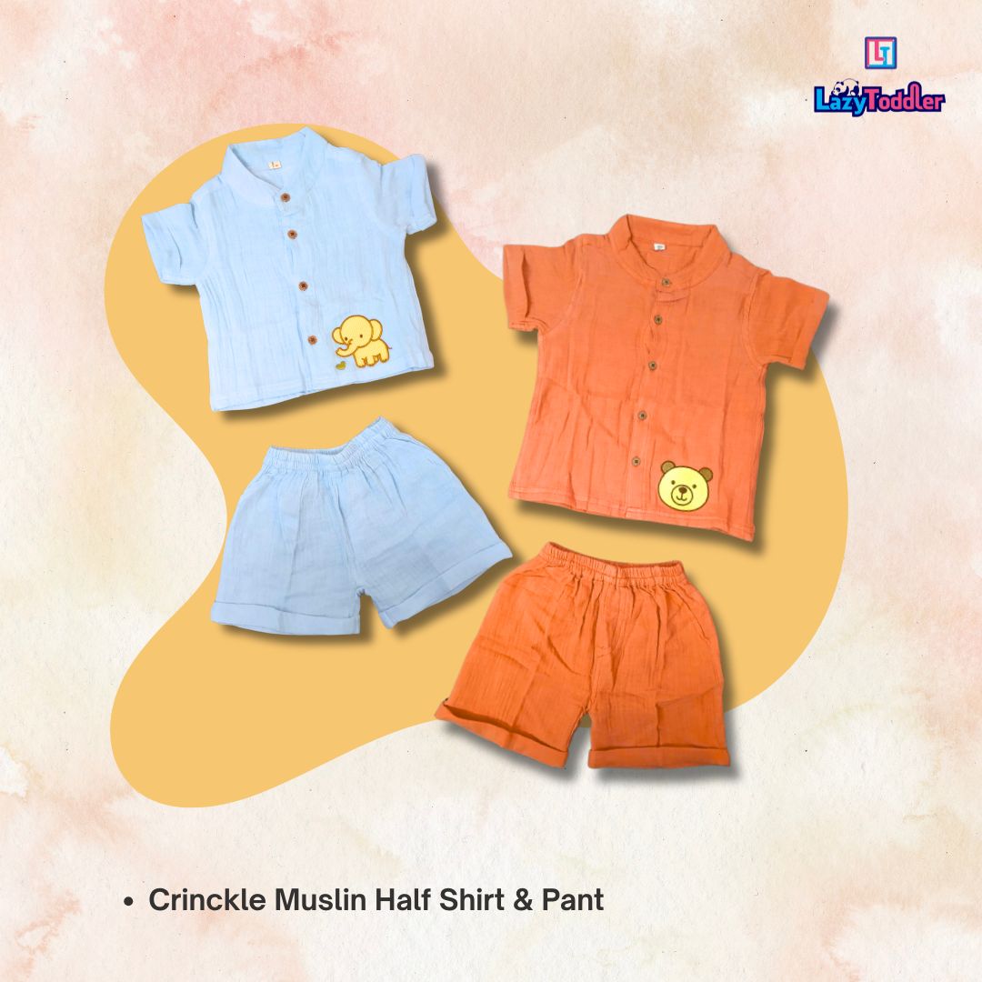 LazyToddler Crinkle Muslin Night Half Suit – Soft & Breathable (Pastel Blue)