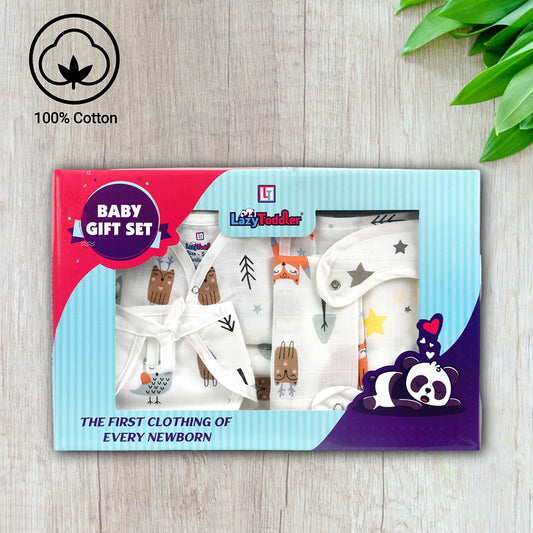 Muslin Swaddle Blanket Muslin Jhabla (Top) Muslin Nappy (Diaper) Muslin Bibs Muslin Wash Cloth Five-Piece Baby Set Nursery Essential lazytoddler.com