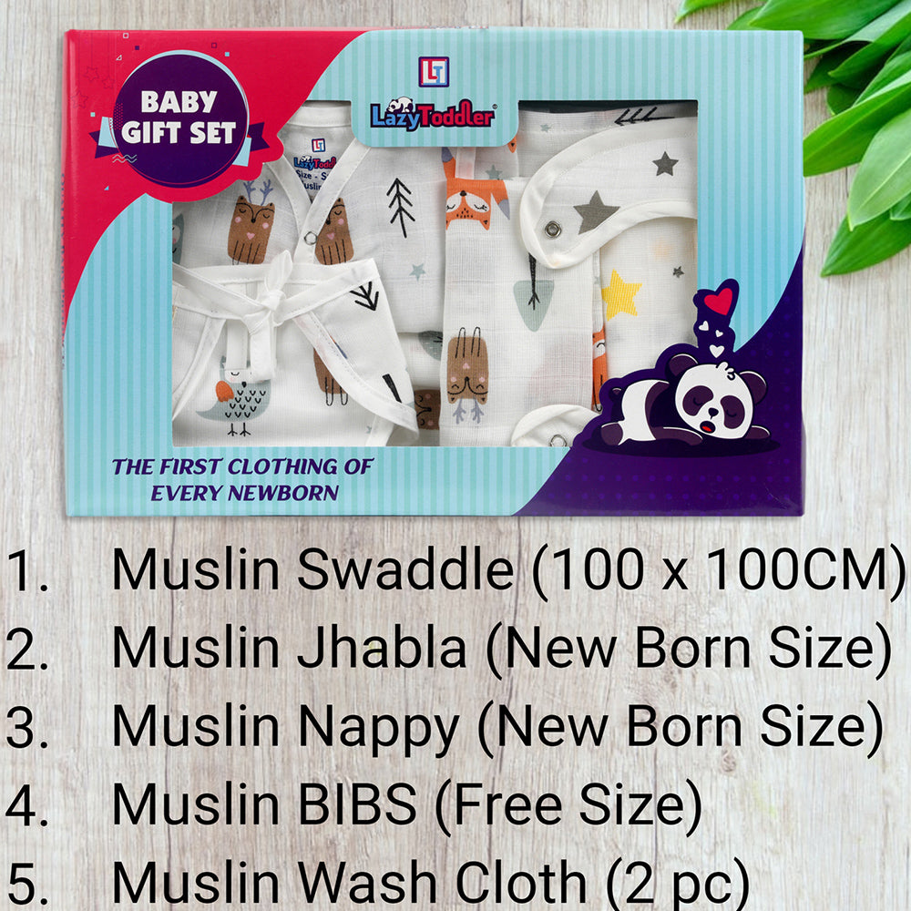 Muslin Swaddle Blanket Muslin Jhabla (Top) Muslin Nappy (Diaper) Muslin Bibs Muslin Wash Cloth Five-Piece Baby Set Nursery Essential