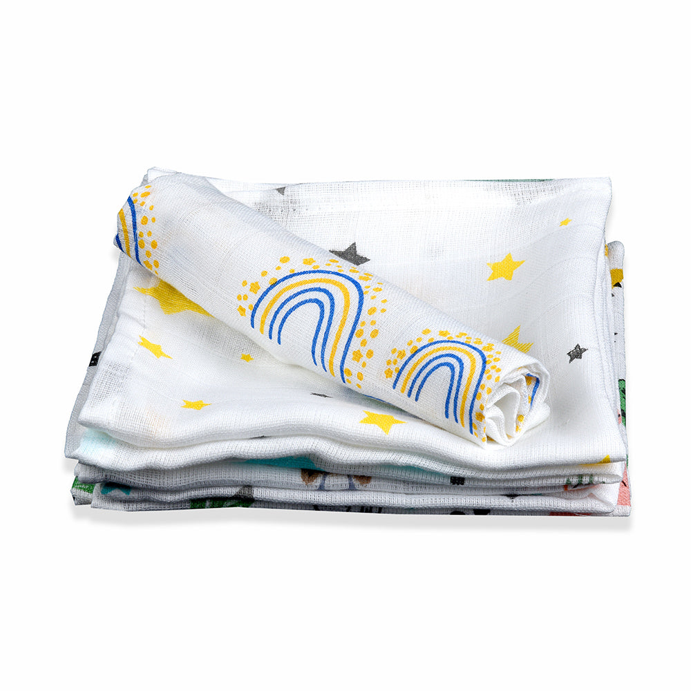 Muslin Swaddle Blanket Muslin Jhabla (Top) Muslin Nappy (Diaper) Muslin Bibs Muslin Wash Cloth Five-Piece Baby Set Nursery Essential lazytoddler.com