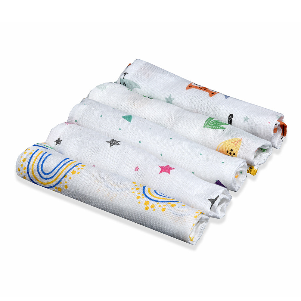 Muslin Swaddle Blanket Muslin Jhabla (Top) Muslin Nappy (Diaper) Muslin Bibs Muslin Wash Cloth Five-Piece Baby Set Nursery Essential