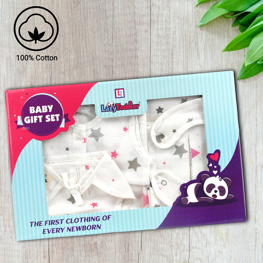 New Parents Gift Pink Star Theme Muslin Swaddle Blanket Muslin Jhabla (Top) Muslin Nappy (Diaper) Muslin Bibs Muslin Wash Cloth Eight-Piece Baby Set Nursery Essentials