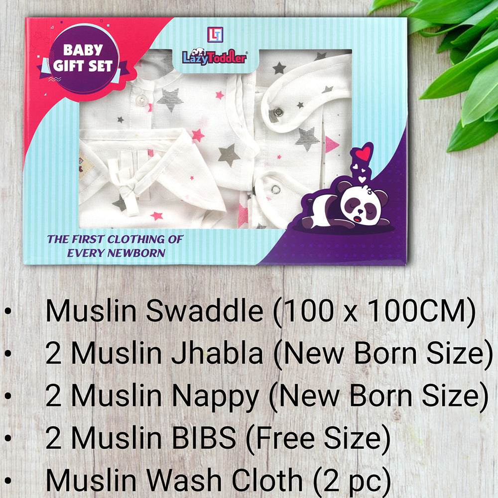 New Parents Gift Pink Star Theme Muslin Swaddle Blanket Muslin Jhabla (Top) Muslin Nappy (Diaper) Muslin Bibs Muslin Wash Cloth Eight-Piece Baby Set Nursery Essentials