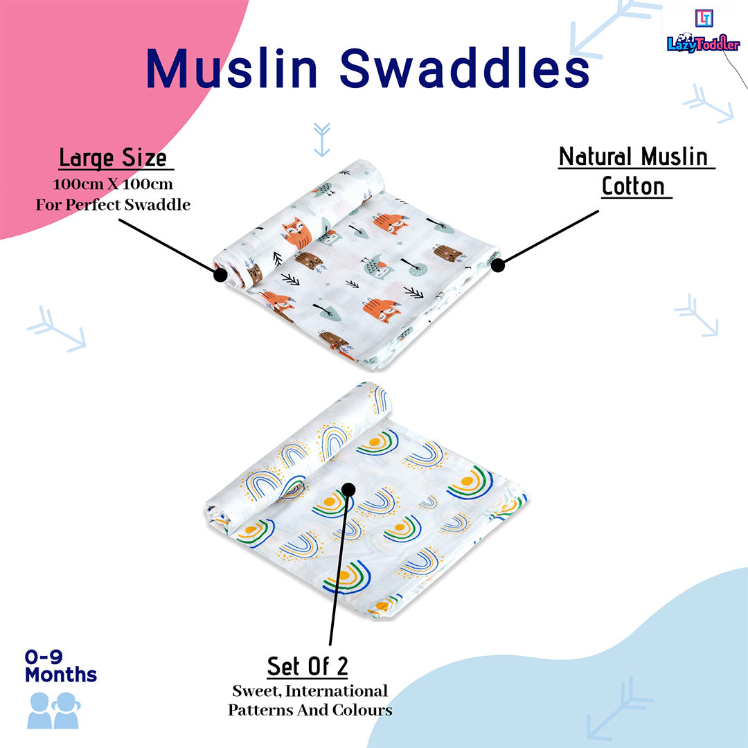 Super soft baby blankets 100% cotton swaddles Cozy infant wraps Gentle baby swaddle cloths Dual pack muslin blankets lazytoddler.com