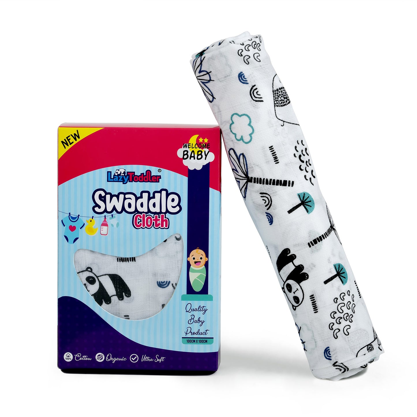 swaddle muslin clothe,100% cotton, wrapping clothe for newborn baby, super soft clothes for new born babies, design of cute panda on swaddle for babies