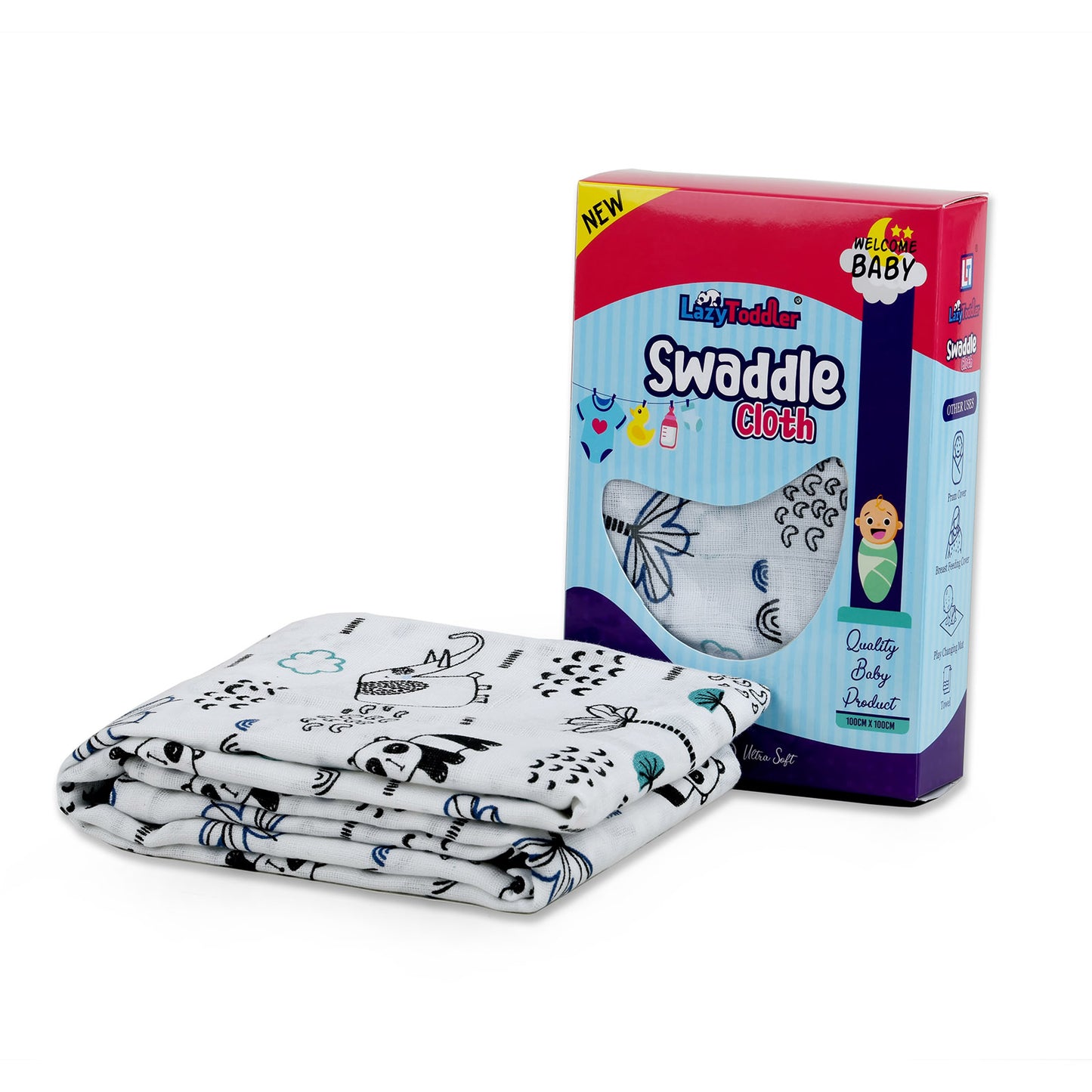 swaddle muslin clothe,100% cotton, wrapping clothe for newborn baby, super soft clothes for new born babies, design of cute panda on swaddle for babies