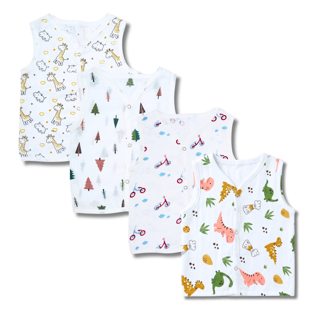 Premium Muslin Printed Push-Button Jhabla Pack of 4 - Mix Print