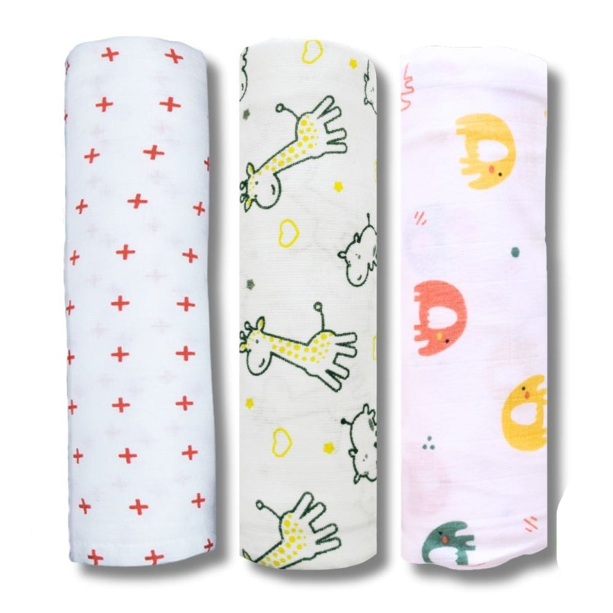 Lazytoddler Muslin Swaddle Printed Design (Red Plus , YC , Elephant) Set of 3
