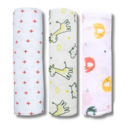 Lazytoddler Muslin Swaddle Printed Design (Red Plus , YC , Elephant) Set of 3