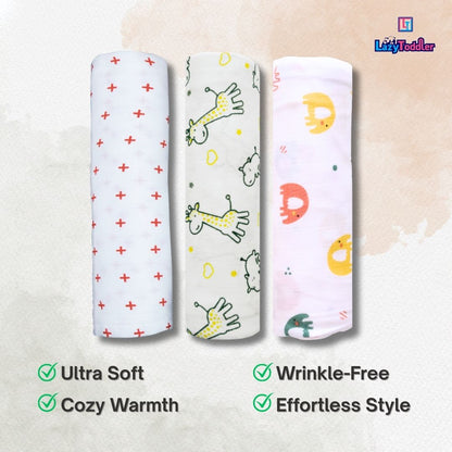 Lazytoddler Muslin Swaddle Printed Design (Red Plus , YC , Elephant) Set of 3
