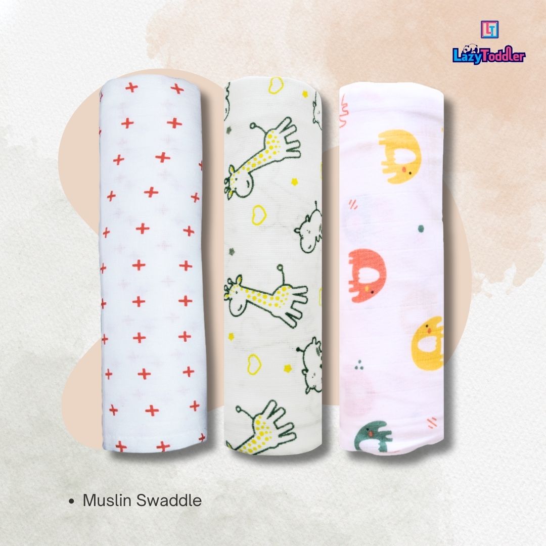 Lazytoddler Muslin Swaddle Printed Design (Red Plus , YC , Elephant) Set of 3
