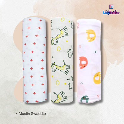 Lazytoddler Muslin Swaddle Printed Design (Red Plus , YC , Elephant) Set of 3