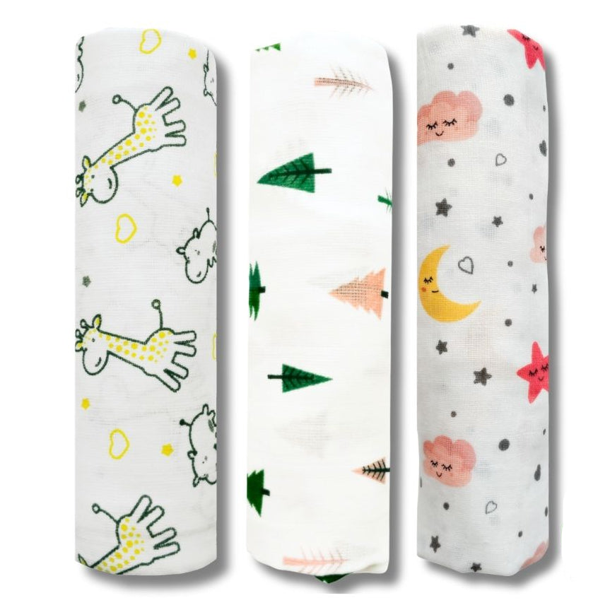 Lazytoddler Muslin Swaddle Printed Design (Yellow Camel , Tree , Moon) Set of 3