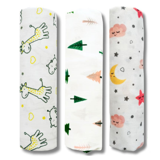 Lazytoddler Muslin Swaddle Printed Design (Yellow Camel , Tree , Moon) Set of 3