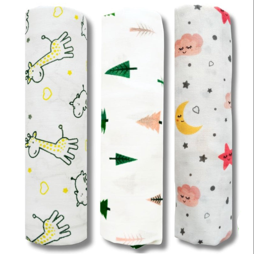 Lazytoddler Muslin Swaddle Printed Design (Yellow Camel , Moon ,Tree) Set of 3