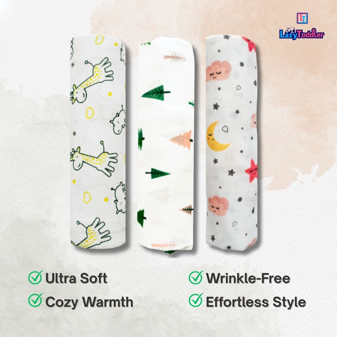 Lazytoddler Muslin Swaddle Printed Design (Yellow Camel , Tree , Moon) Set of 3