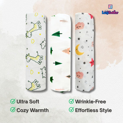 Lazytoddler Muslin Swaddle Printed Design (Yellow Camel , Tree , Moon) Set of 3