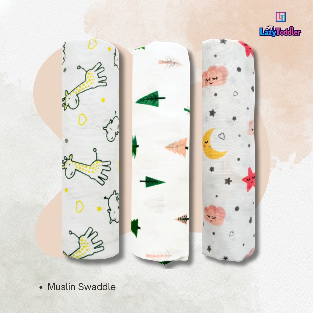 Lazytoddler Muslin Swaddle Printed Design (Yellow Camel , Tree , Moon) Set of 3