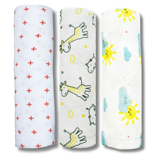 Lazytoddler Muslin Swaddle Printed Design (Red Plus , YC , Sun) Set of 3