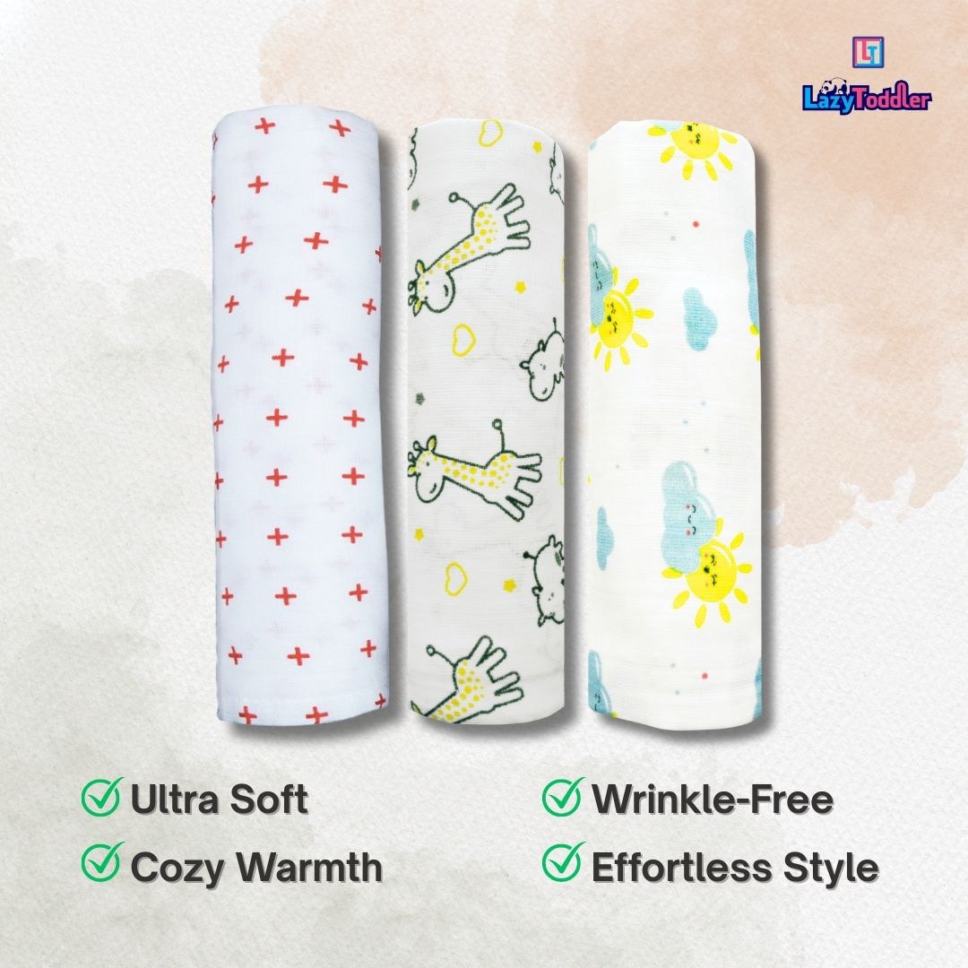 Lazytoddler Muslin Swaddle Printed Design (Red Plus , YC , Sun) Set of 3