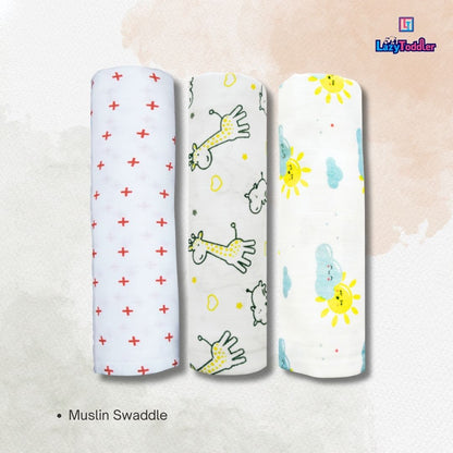 Lazytoddler Muslin Swaddle Printed Design (Red Plus , YC , Sun) Set of 3