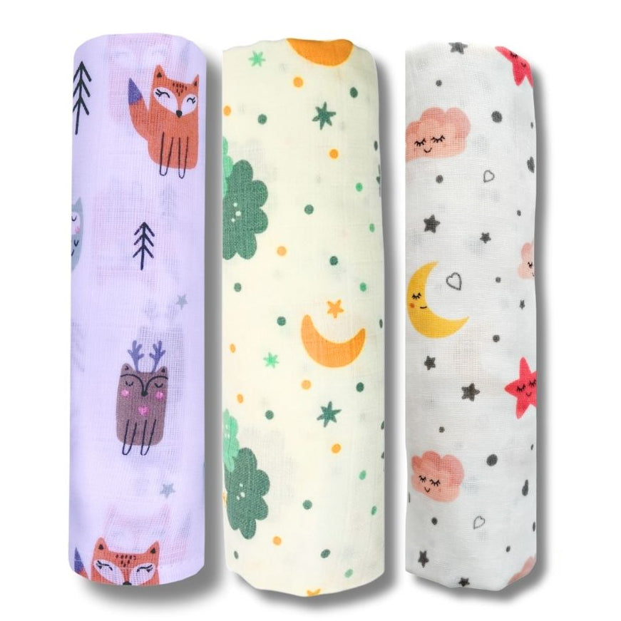 Lazytoddler Muslin Swaddle Printed Design (Fox , Moon , Cloud) Set of 3