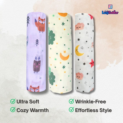 Lazytoddler Muslin Swaddle Printed Design (Fox , Moon , Cloud) Set of 3