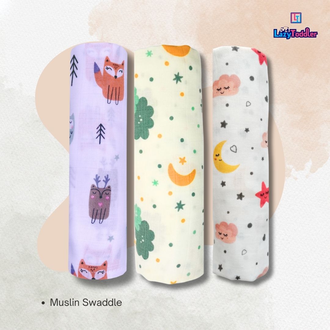 Lazytoddler Muslin Swaddle Printed Design (Fox , Moon , Cloud) Set of 3