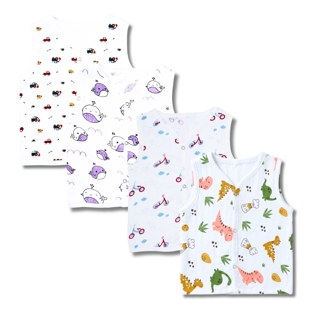 Premium Muslin Printed Push-Button Jhabla Pack of 4 - Mix Print