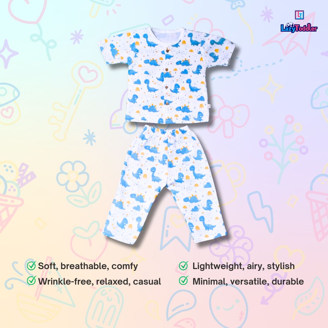 LazyToddler Muslin Half Shirt and Full Pant Set (Blue Dino)