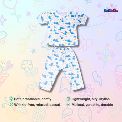 LazyToddler Muslin Half Shirt and Full Pant Set (Blue Dino)