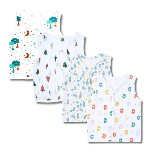 Premium Muslin Printed Push-Button Jhabla Pack of 4 - Mix Print