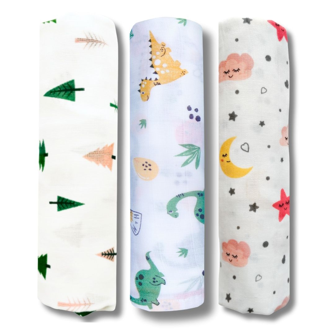 LazyToddler Muslin Swaddle Set of 3 – Tree , Dino & Moon – Newborn Baby Blanket