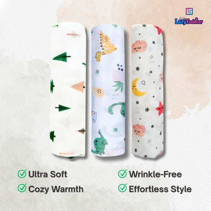 LazyToddler Muslin Swaddle Set of 3 – Tree , Dino & Moon – Newborn Baby Blanket