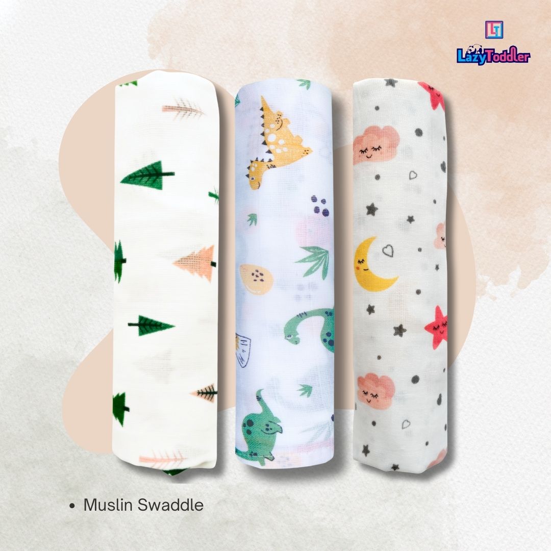 LazyToddler Muslin Swaddle Set of 3 – Tree , Dino & Moon – Newborn Baby Blanket