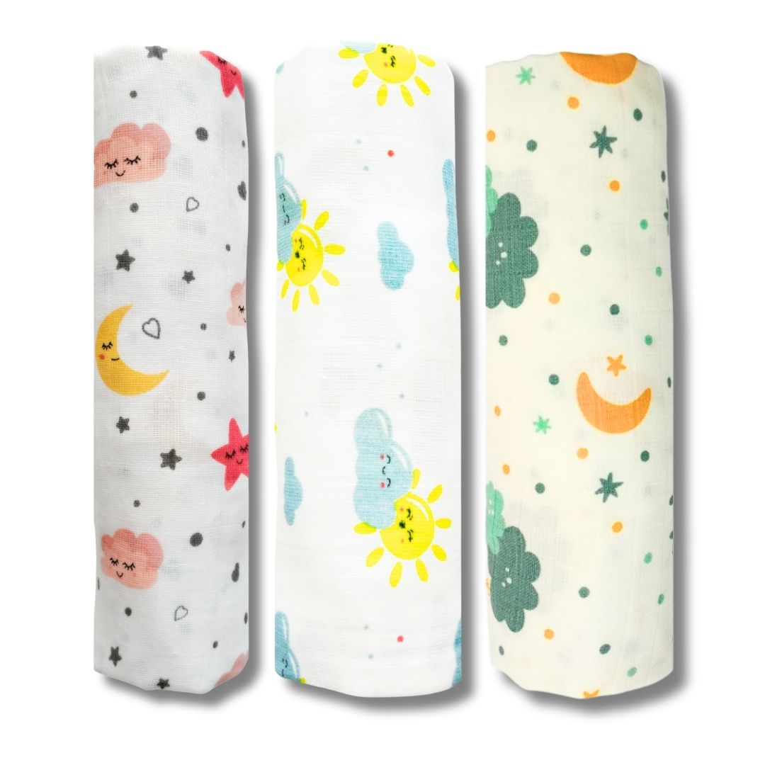LazyToddler Muslin Swaddle Set of 3 – Moon , Sun & Cloud – Newborn Baby Blanket