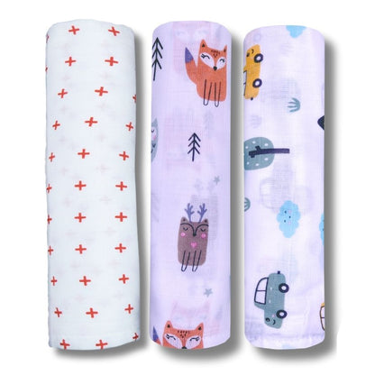 Lazytoddler Muslin Swaddle Printed Design (Red Plus , Car ,Fox) Set of 3
