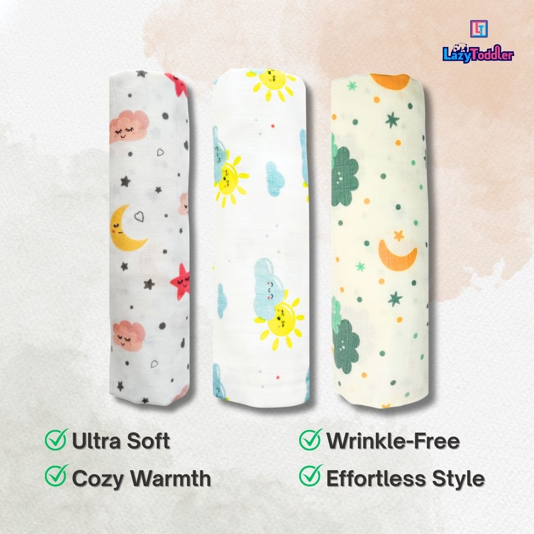 LazyToddler Muslin Swaddle Set of 3 – Moon , Sun & Cloud – Newborn Baby Blanket