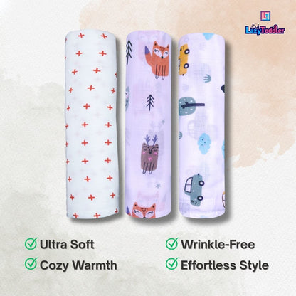 Lazytoddler Muslin Swaddle Printed Design (Red Plus , Car ,Fox) Set of 3