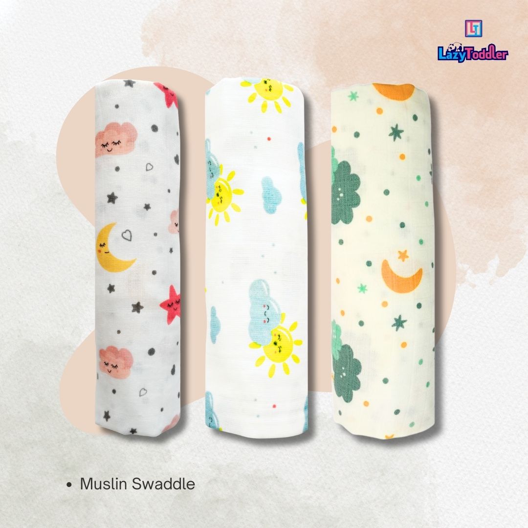 LazyToddler Muslin Swaddle Set of 3 – Moon , Sun & Cloud – Newborn Baby Blanket