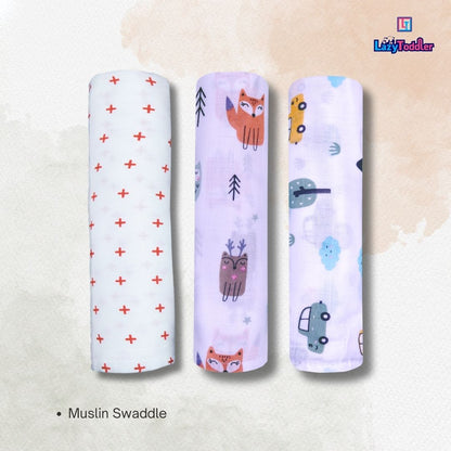 Lazytoddler Muslin Swaddle Printed Design (Red Plus , Car ,Fox) Set of 3