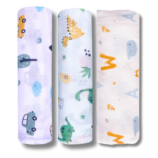 LazyToddler Muslin Swaddle Set of 3 – Car , Dino & Alphabet – Newborn Baby Blanket