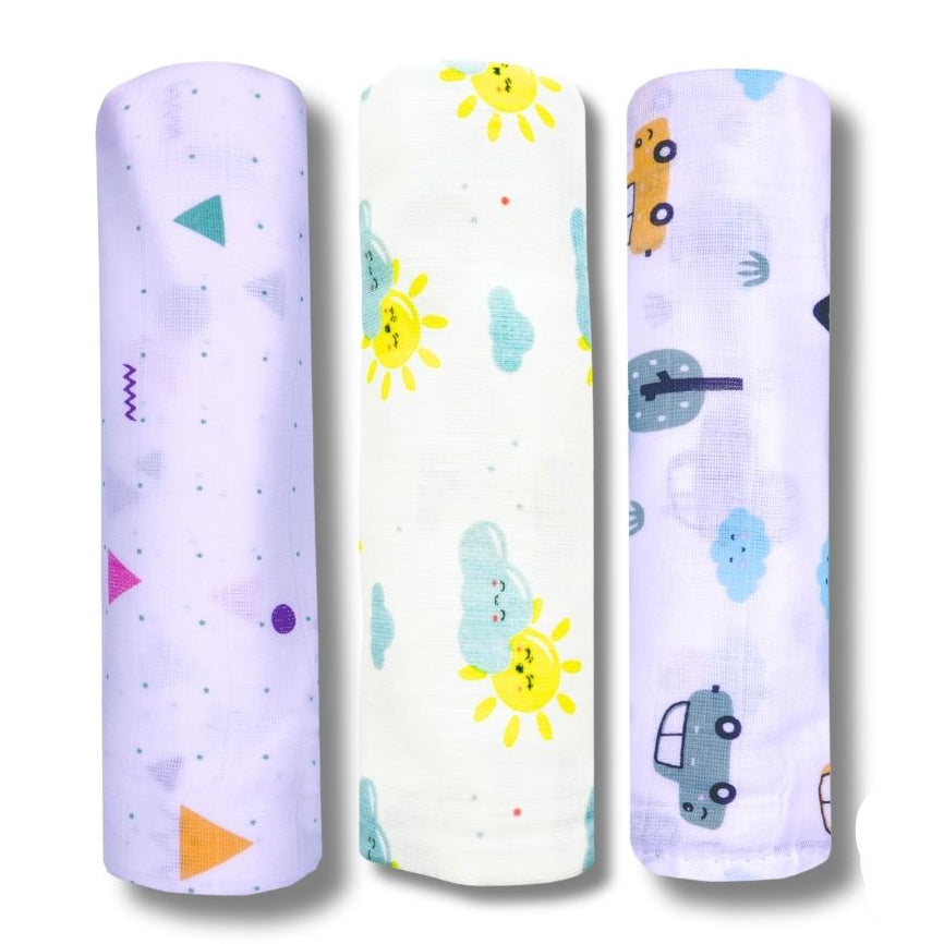 Lazytoddler Muslin Swaddle Printed Design (Triangle , Sun , Car) Set of 3