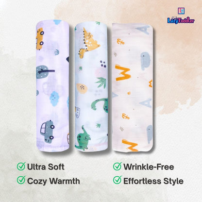 LazyToddler Muslin Swaddle Set of 3 – Car , Dino & Alphabet – Newborn Baby Blanket