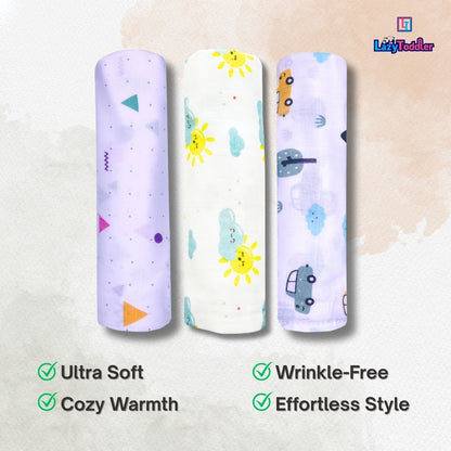 Lazytoddler Muslin Swaddle Printed Design (Triangle , Sun , Car) Set of 3