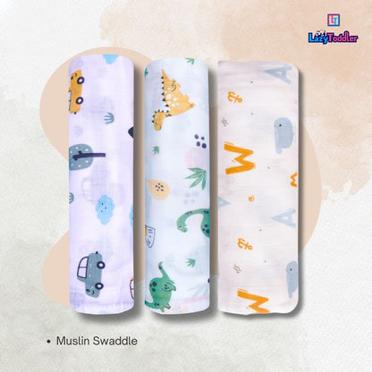 LazyToddler Muslin Swaddle Set of 3 – Car , Dino & Alphabet – Newborn Baby Blanket